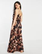 Asos Design Wrap Front Tie Back Maxi Dress In Dark Floral Print-multi