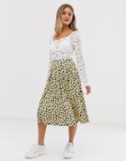 Asos Design Midi Skirt With Box Pleats In Yellow Floral - Multi