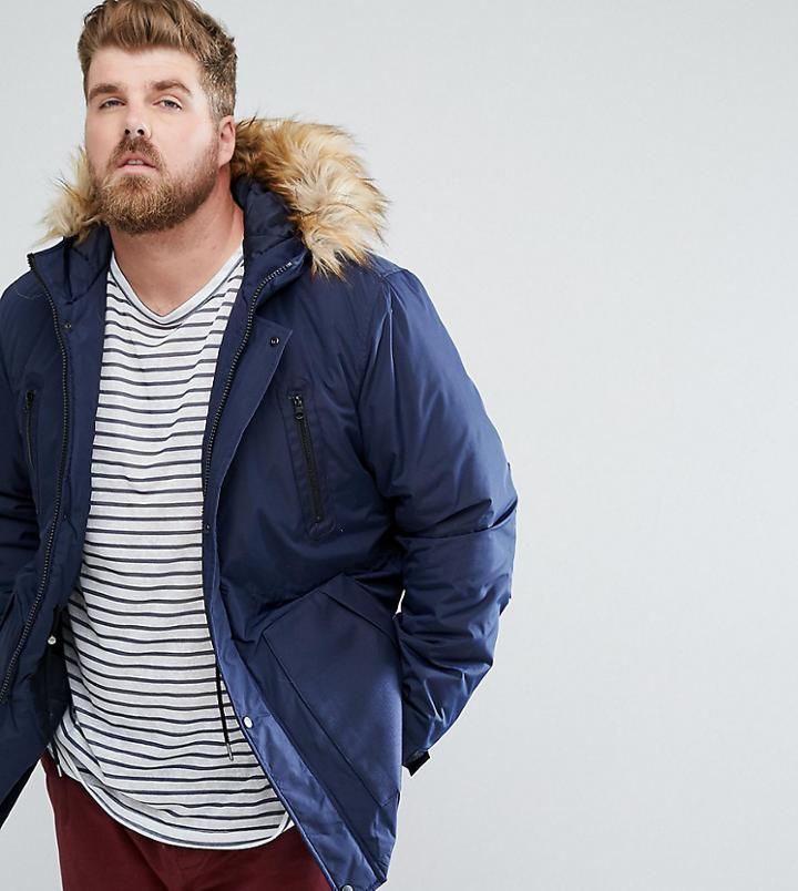 Asos Plus Parka Jacket With Faux Fur Trim In Navy - Navy