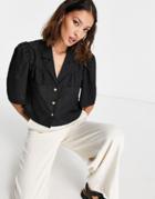 Topshop Textured Puff Sleeve Crop Shirt In Black