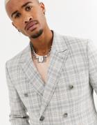 Asos Design Skinny Double Breasted Linen Blazer With Check In Gray