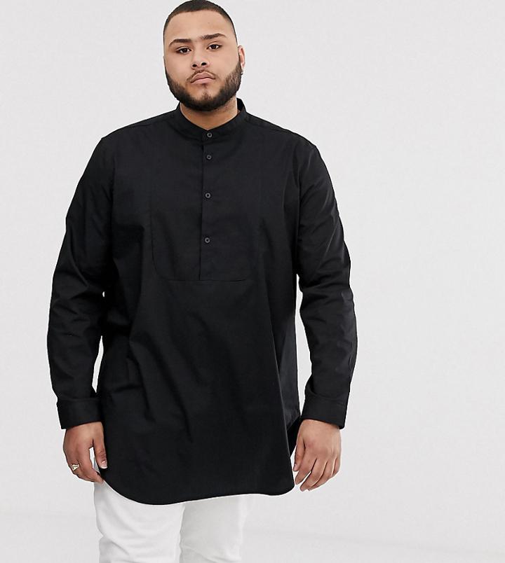 Asos Design Plus Regular Fit Overhead Longline Shirt With Bib Detail In Black - Black