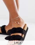 Asos Design Pack Of 3 Anklets With Cupids Arrow In Gold Tone