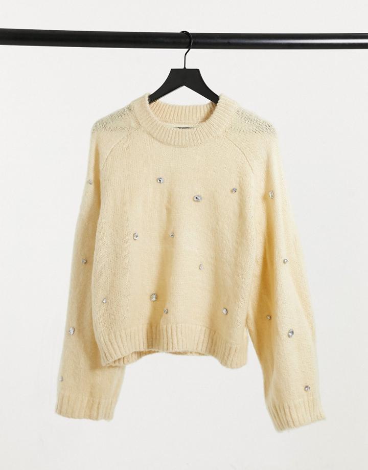 Asos Design Fluffy Sweater With Embellished Stones In Pale Yellow