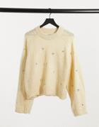 Asos Design Fluffy Sweater With Embellished Stones In Pale Yellow