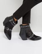 Qupid Stud Strap Low Heel Boots - Black