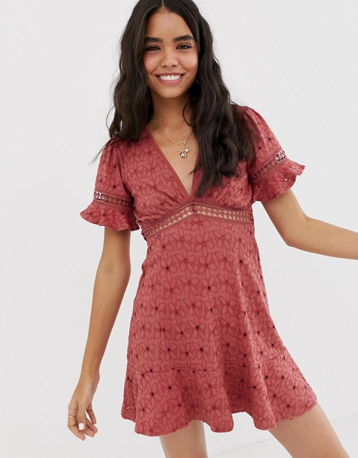 Asos Design Broderie Tea Dress With Woven Ladder Trim - Pink