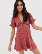 Asos Design Broderie Tea Dress With Woven Ladder Trim - Pink