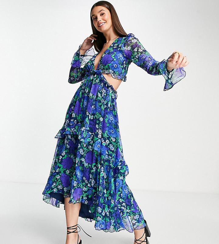 Asos Design Tall Plunge Front Ruffle Printed Floral Midi Dress With Lattice Tie Back Detail-multi