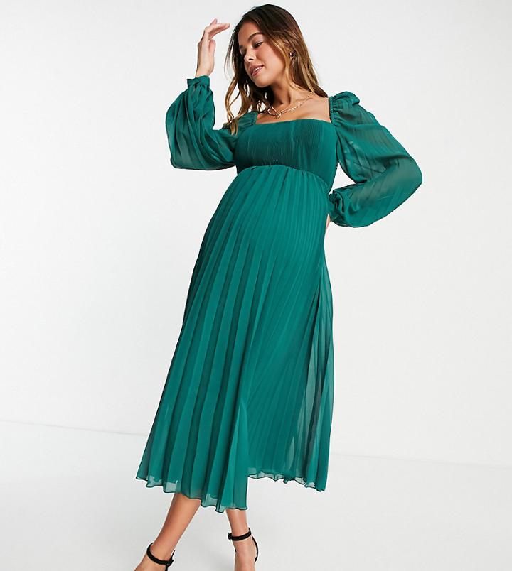 Asos Design Maternity Square Neck Pleated Midi Skater Dress In Forest Green