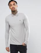 Asos Pique Muscle Long Sleeve Polo In Gray With Logo - Beige