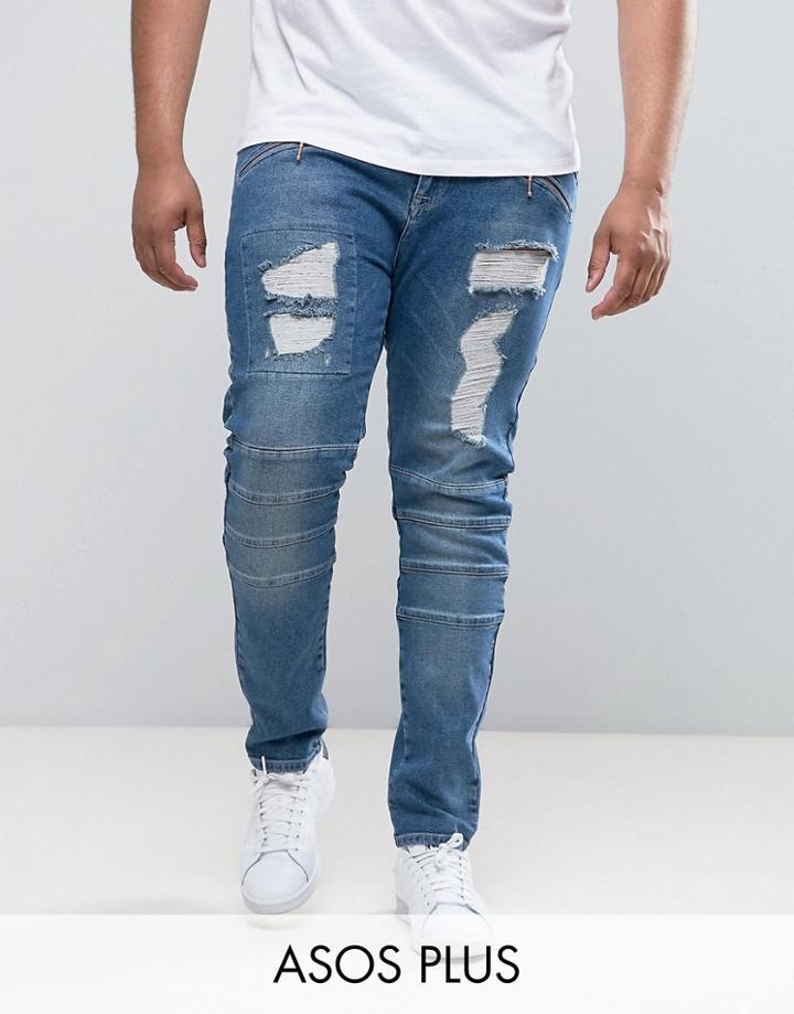 Asos Plus Skinny Jeans In Biker Style With Rips - Blue