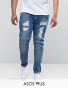 Asos Plus Skinny Jeans In Biker Style With Rips - Blue