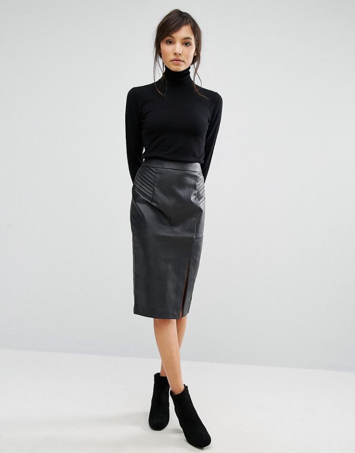 Oasis Faux Leather Pintuck Wrap Pencil Skirt - Black