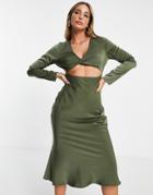 Asos Design Twist Front Bias Midi Dress In Satin In Khaki-green