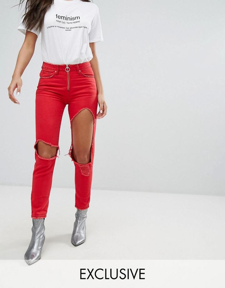 Missguided Ripped Ring Detail Jeans - Red