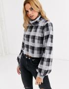 Noisy May Checked Soft Knitted Roll Neck Sweater-gray