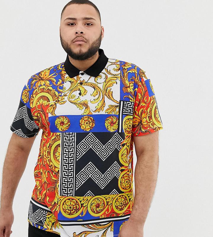 Asos Design Plus Relaxed Polo With All Over Baroque Print - Multi