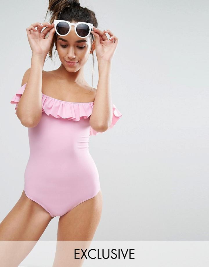 Monki Off Shoulder Ruffle Swimsuit - Pink