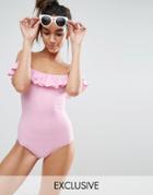 Monki Off Shoulder Ruffle Swimsuit - Pink