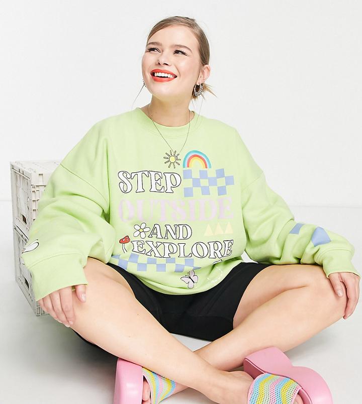Daisy Street Plus Relaxed Sweatshirt With Mix Retro Graphics In Lime-green