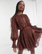 Asos Design Lace Insert Mini Dress With Ruffle And Tie Detail In Chocolate-pink