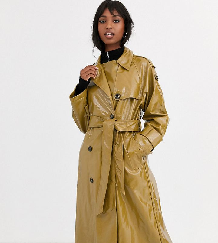 Asos Design Tall Vinyl Trench Coat In Khaki