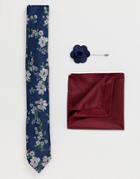 New Look Tie With Pocket Square And Lapel Pink Set In Navy Floral Print - Navy