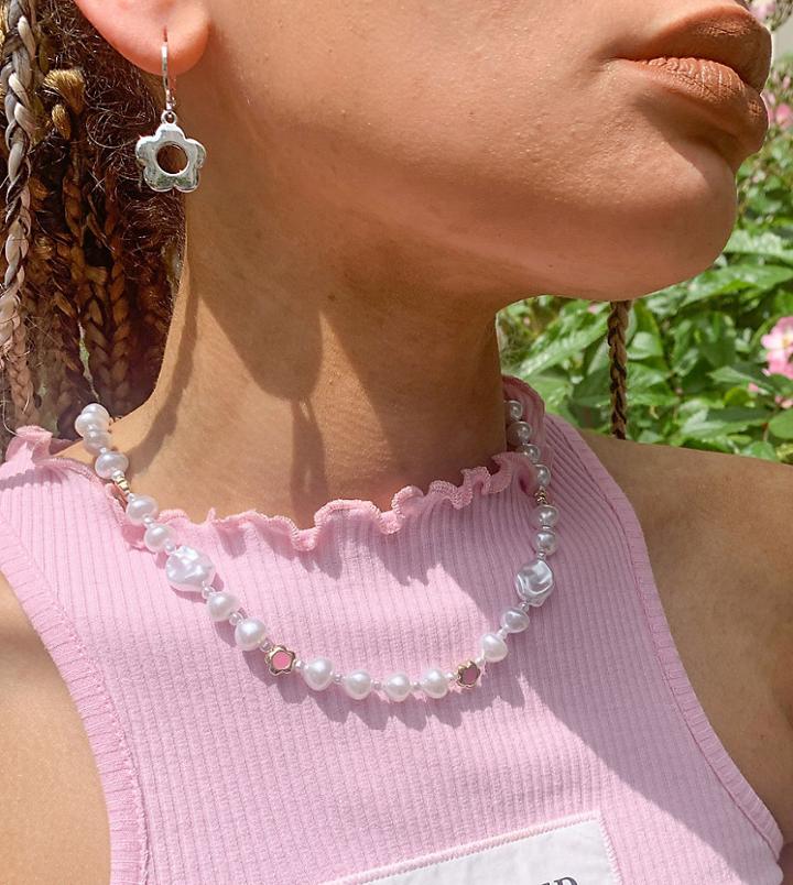 Reclaimed Vintage Inspired 90s Floral Bead Necklace In Faux Pearl-multi