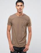 Asos Longline Muscle T-shirt With Distressed Shoulder Detail In Brown - Brown