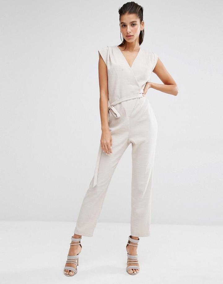Parallel Lines Wrap Front Sleeveless Jumpsuit - Nude