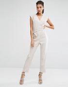 Parallel Lines Wrap Front Sleeveless Jumpsuit - Nude