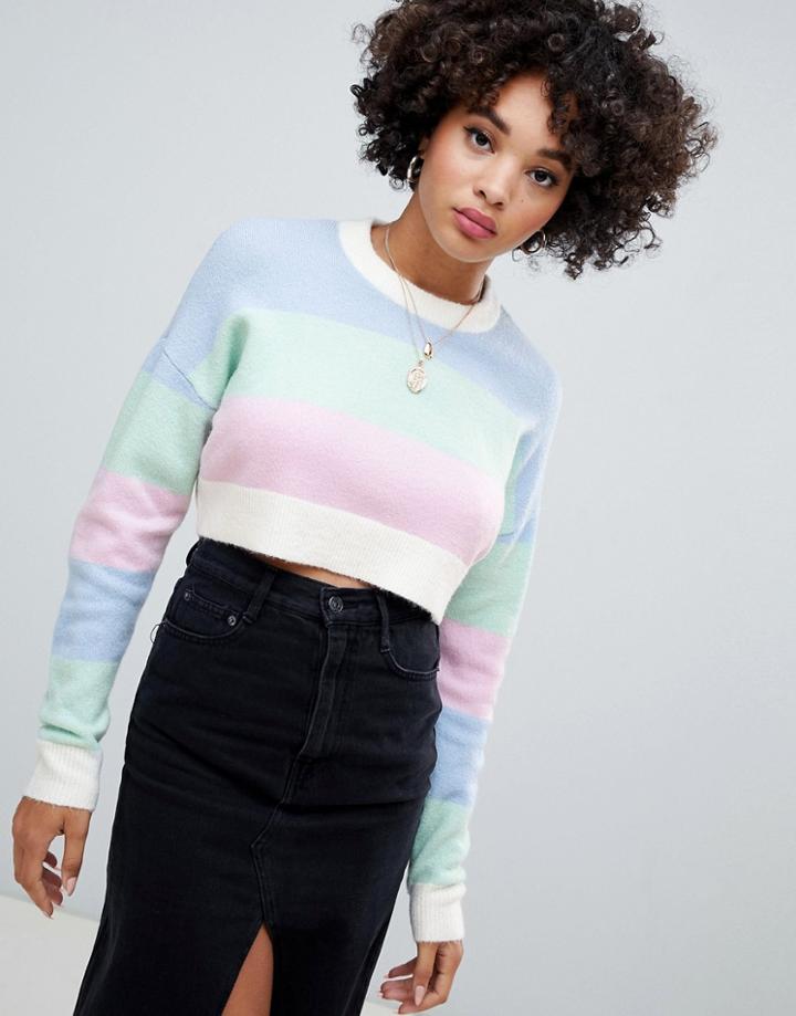 Missguided Stripe Crop Jumper In Pastel - Pink