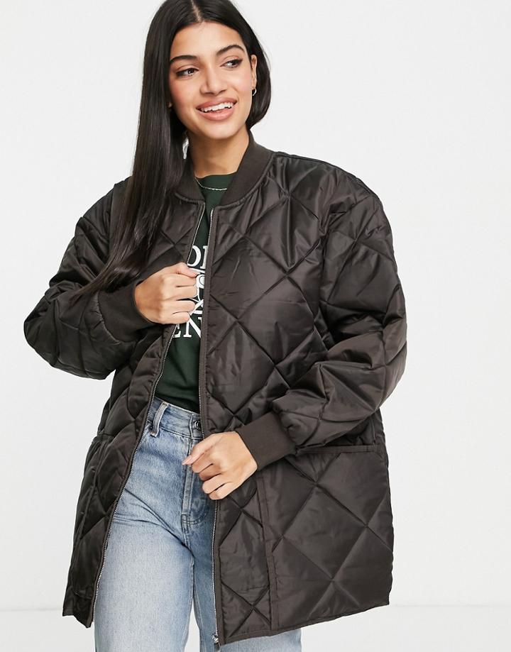 Pull & Bear Longline Bomber Quilted Jacket In Dark Down-brown