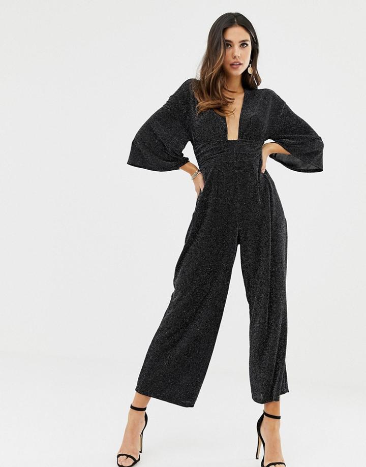 Asos Design Glitter Plunge Neck Kimono Drape Sleeve With Wide Leg - Multi
