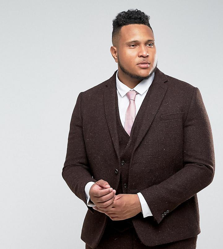 Asos Plus Slim Suit Jacket In 100% Wool Harris Tweed Herringbone In Brown - Brown