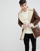 Mango Man Fleece Lined Aviator Coat In Chocolate - Brown