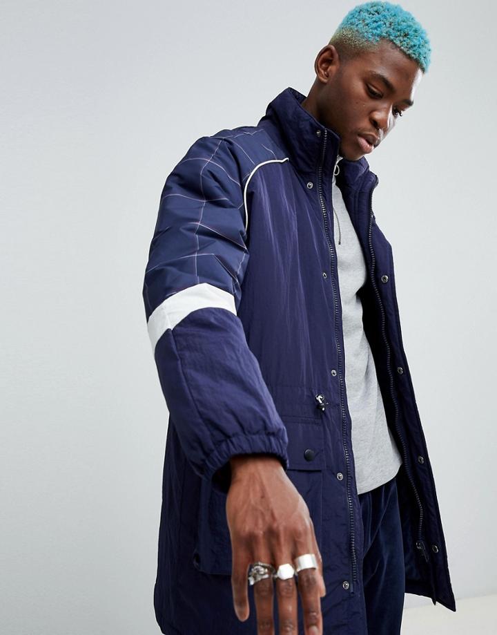 Asos Design Parka Jacket In Navy Check - Blue