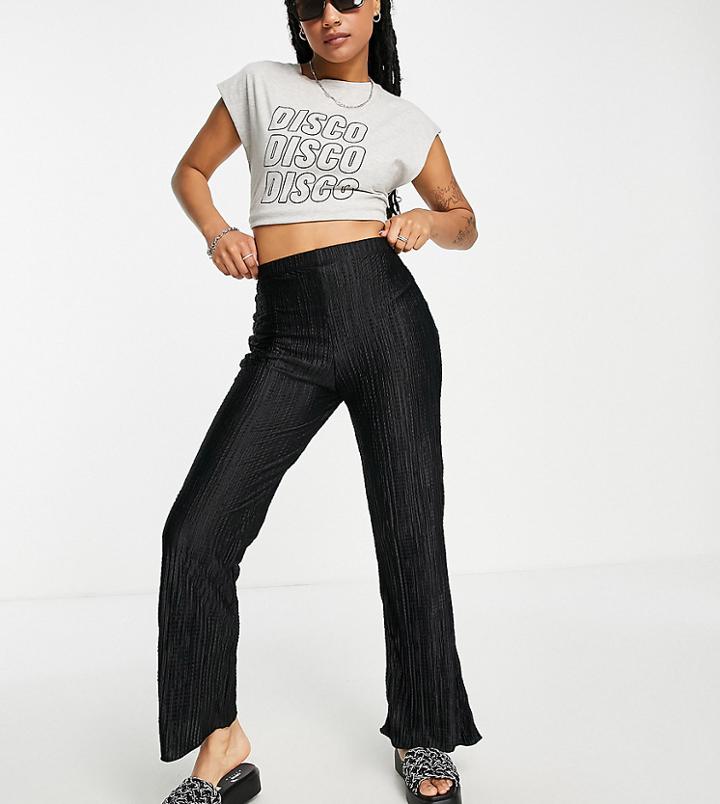 Topshop Petite Beach Textured Plisse Straight Leg In Black