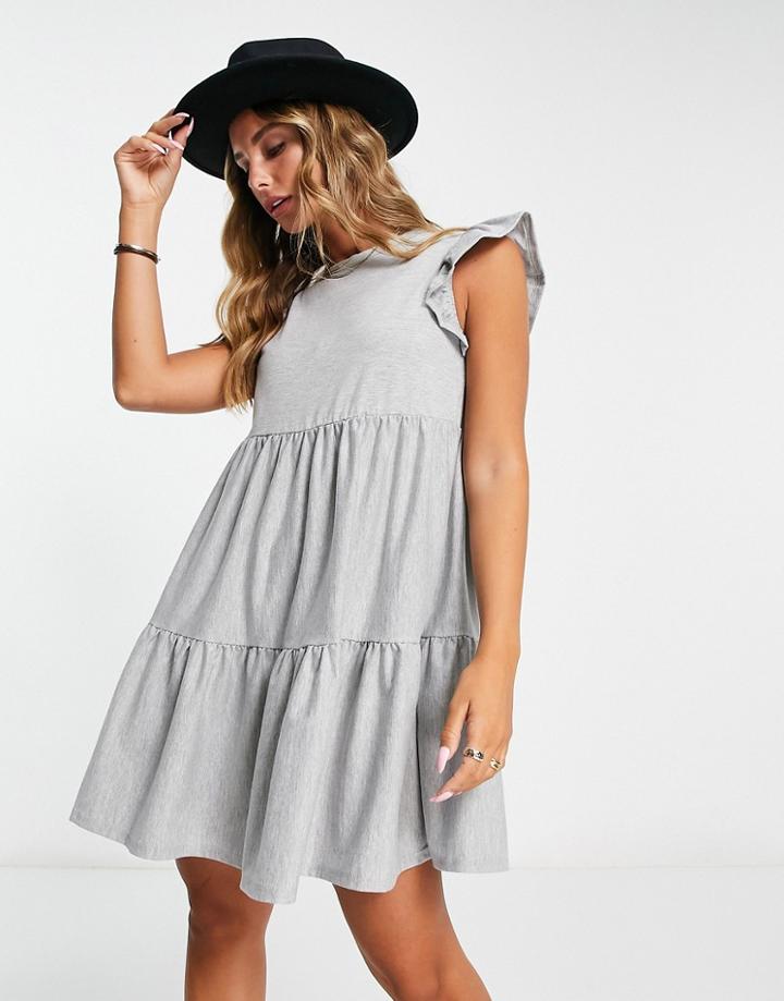 River Island Frill Tiered Smock Mini Dress In Gray