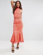 Jarlo Tall All Over Lace High Neck Fishtail Detail Dress - Orange