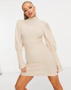 Parisian Puff Sleeve High Neck Ribbed Sweater Dress In Beige-neutral
