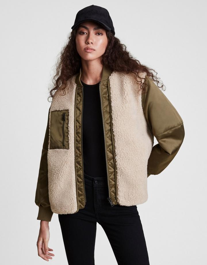 Allsaints Suri Bomber Jacket In Khaki And Ivory-multi