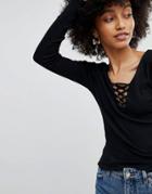 New Look Lace Up Rib Jersey Top - Black