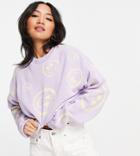Asos Design Petite Crewneck Sweater With Smile Face Pattern In Lilac-purple