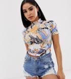 Asos Design Petite Fitted Top In Marble Print With Short Sleeve - Multi