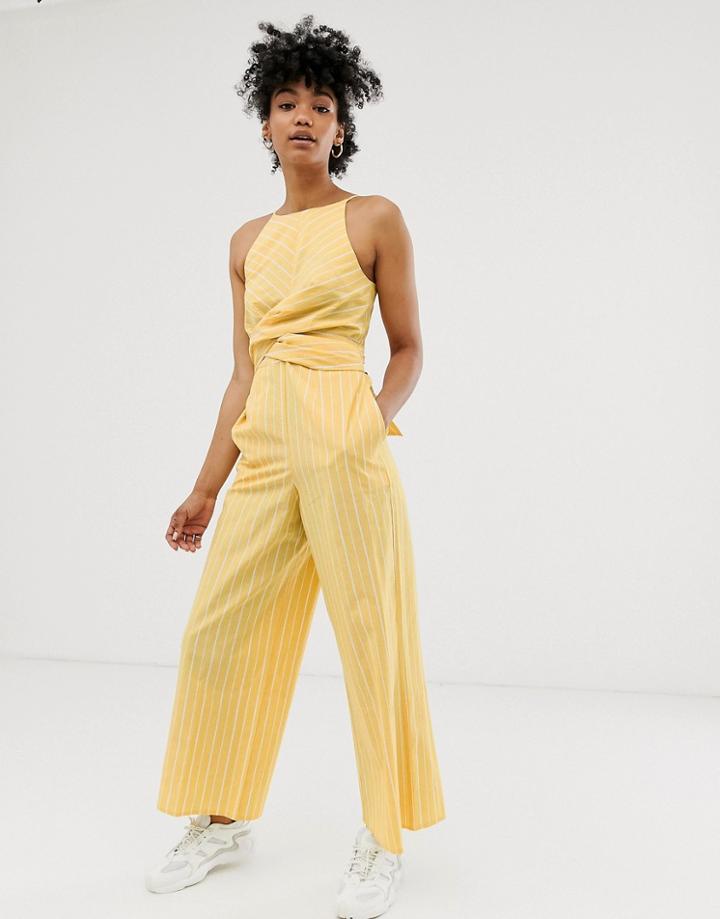 Asos Design Linen Stripe Twist Front Jumpsuit - Multi
