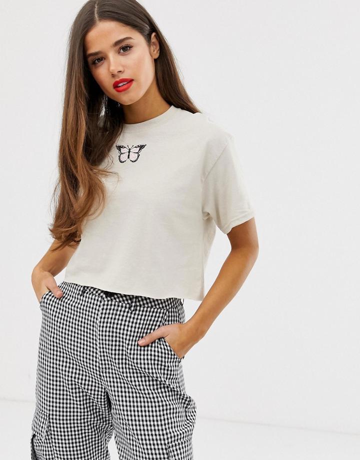 Daisy Street Crop Top With Butterfly Graphic - Gray