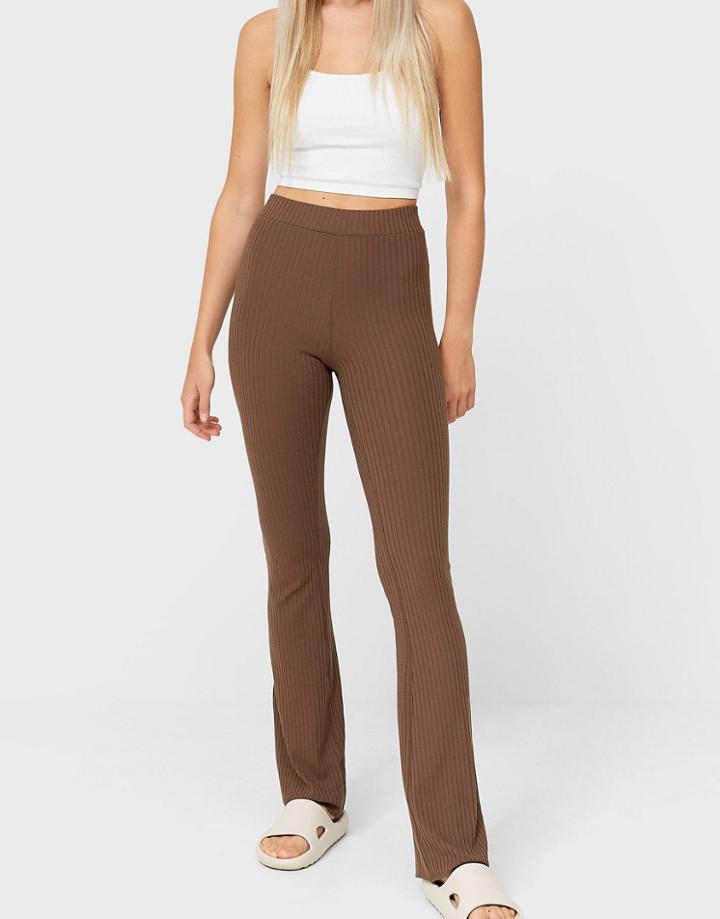 Stradivarius Ribbed Flare Pants In Chocolate-brown
