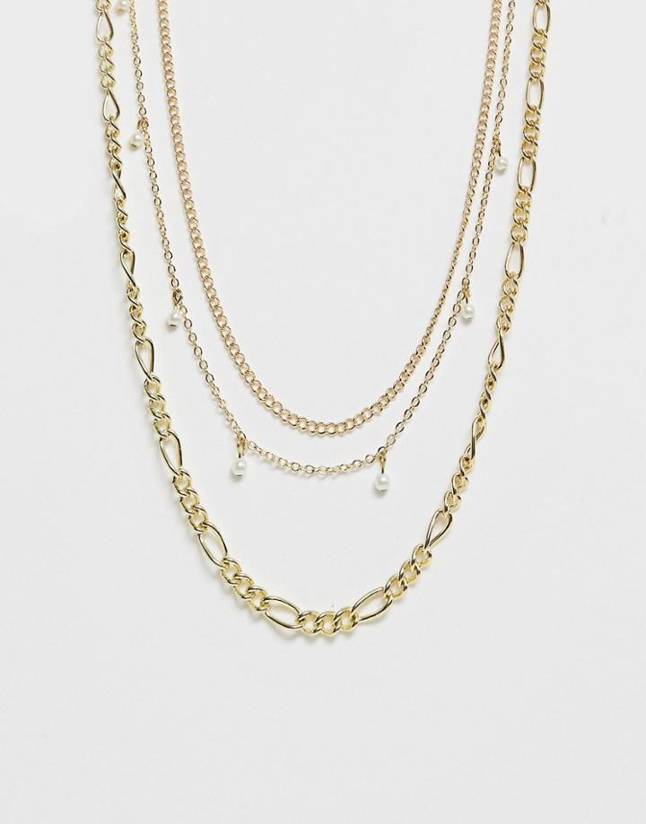 Pieces Mix Chain And Pearl Necklace-gold